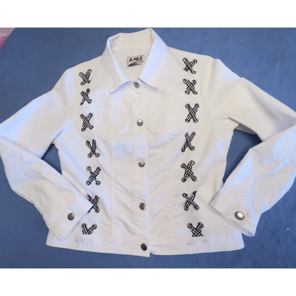 AMI Denim Jacket Womens L White Black Gingham Ribbon Detail Button Up Stretch
